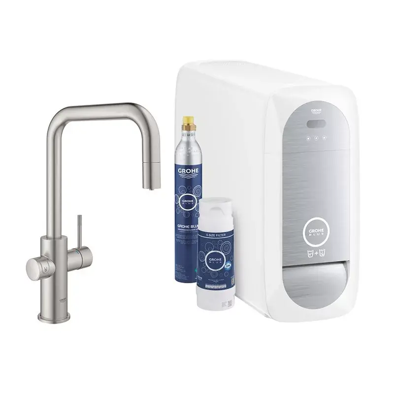 Azonnali szállítás Grohe Blue Home U-kifolyós kihúzható gyöngyöztetővel Super Steel