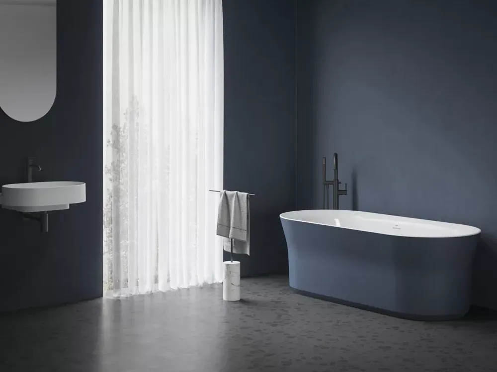 Különleges ajánlat Ypsilon 180x80, akrilkád, Deepsea Blue/fehér, szabadonálló, fehér/fekete/króm lefolyó