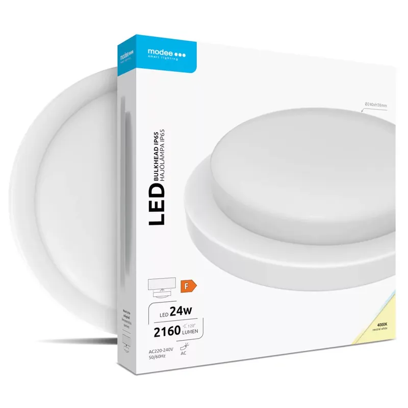 Biztonságos vásárlás Modee LED Bulkhead Kerek 24W 4000K (D240x38mm) IP65 (2160 lumen) fehér ERP