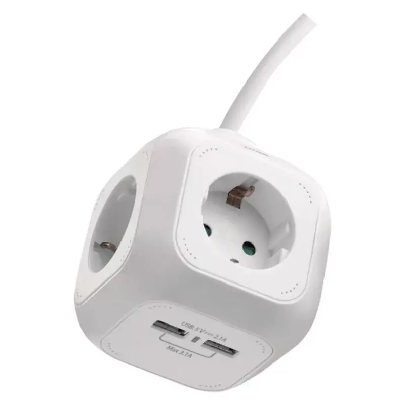 Hosszabbító - kocka 1,9 m / 4 aljzat / fehér / PVC / USB / 1,5 mm2 Végkiárusítás