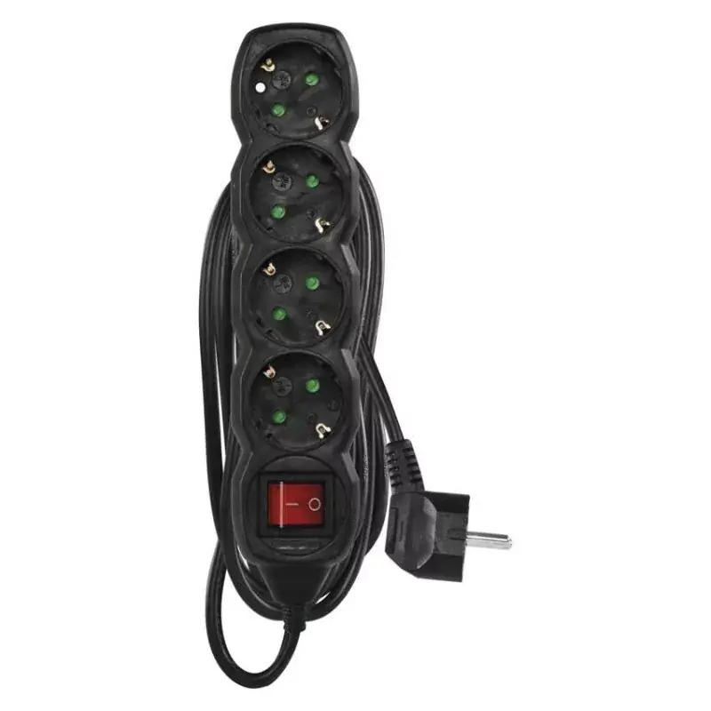Újdonság Hosszabbító 5 m / 4 aljzat / kapcsolós / fekete / PVC / 1,5 mm2