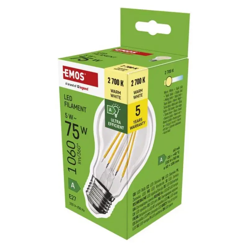 Újdonság LED izzó Filament A60 A CLASS/ E27 / 5 W (75 W) / 1 060 lm / meleg fehér