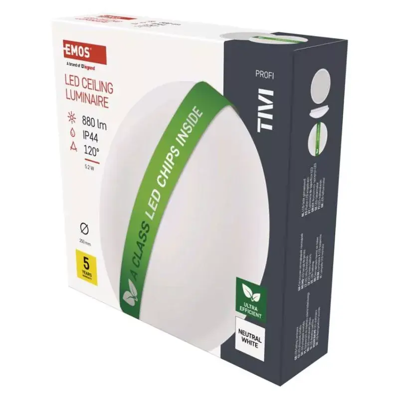 Biztonságos fizetés LED mennyezeti lámpatest TIVI, A CLASS, kerek, fehér 5,2W, IP44, Természetes fehér