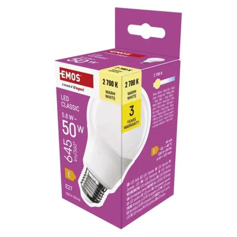 LED izzó Classic A60 / E27 / 5,8 W (50 W) / 645 lm / meleg fehér Azonnal elérhető