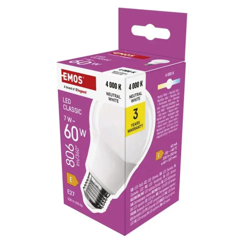 Azonnal elérhető LED izzó Classic A60 / E27 / 7 W (60 W) / 806 lm / Természetes fehér