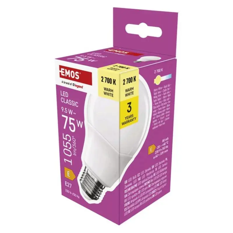 Árengedmény LED izzó Classic A60 / E27 / 9,5 W (75 W) / 1055 lm / meleg fehér