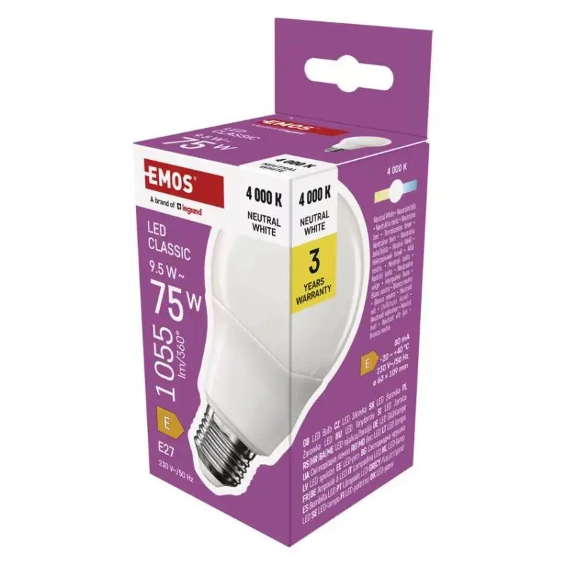 LED izzó Classic A60 / E27 / 9,5 W (75 W) / 1055 lm / Természetes fehér Biztonságos vásárlás