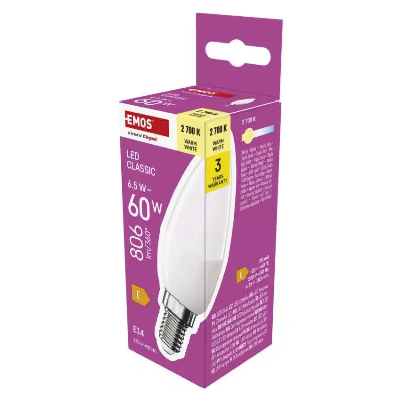 Vásárlói kedvenc LED izzó Classic gyertya / E14 / 6,5 W (60 W) / 806 lm / Meleg fehér