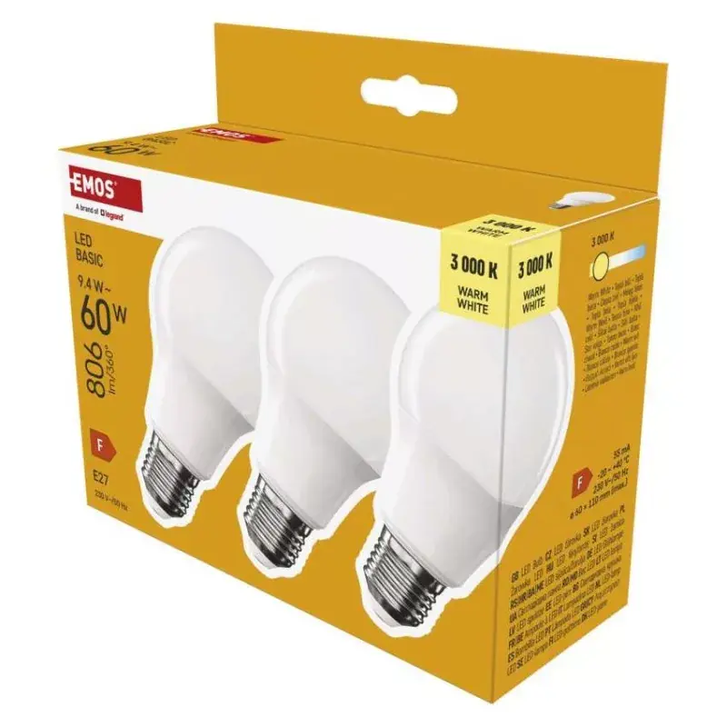 Szuper ajánlat LED izzó Basic A60 / E27 / 9,4 W (60 W) / 806 lm / Meleg fehér