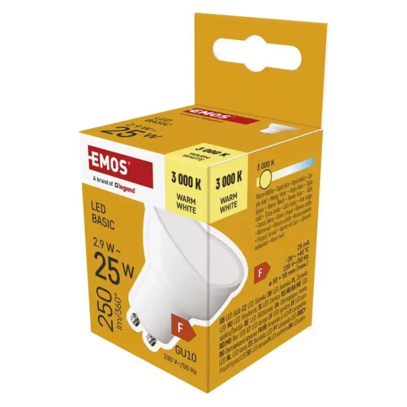LED izzó Basic MR16 / GU10 / 2,9 W (25 W) / 250 lm / Meleg fehér Gyors szállítás