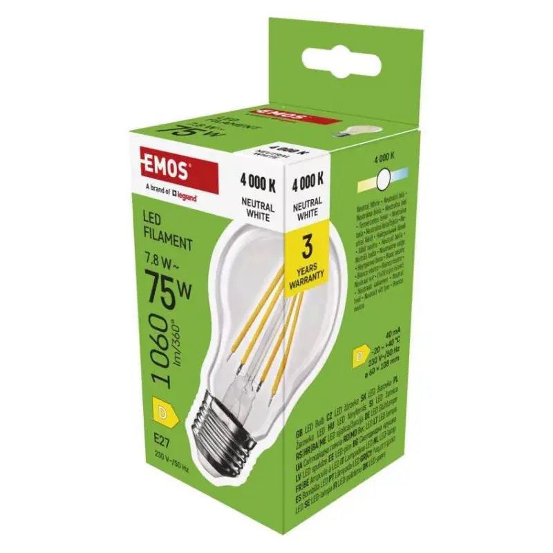 Vásárlói kedvenc LED izzó Filament A60 / E27 / 7,8 W (75 W) / 1060 lm / Természetes fehér