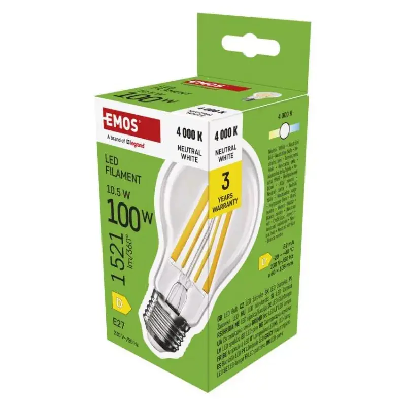 LED izzó Filament A60 / E27 / 10,5 W (100 W) / 1521 lm / Természetes fehér Azonnal elérhető