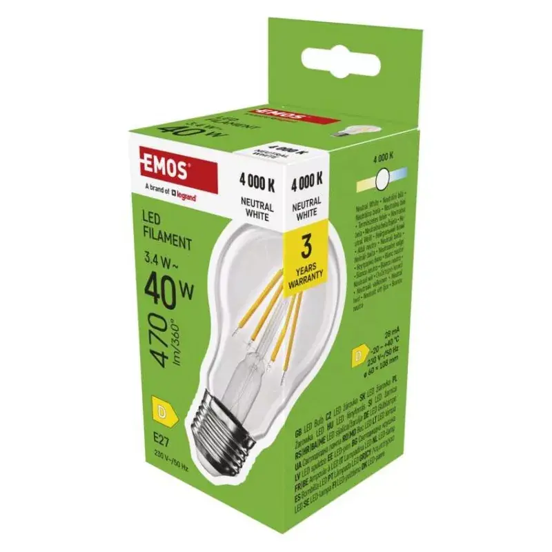 Szezonális akció LED izzó Filament A60 / E27 / 3,4 W (40 W) / 470 lm / Természetes fehér