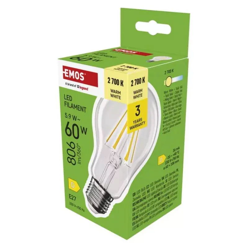 LED izzó Filament A60 / E27 / 5,9 W (60 W) / 806 lm / Meleg fehér Végkiárusítás