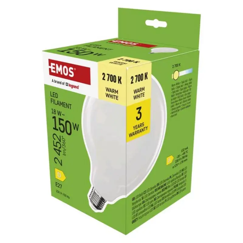 Bestseller LED izzó Filament G125 / E27 / 18 W (150 W) / 2452 lm / Meleg fehér