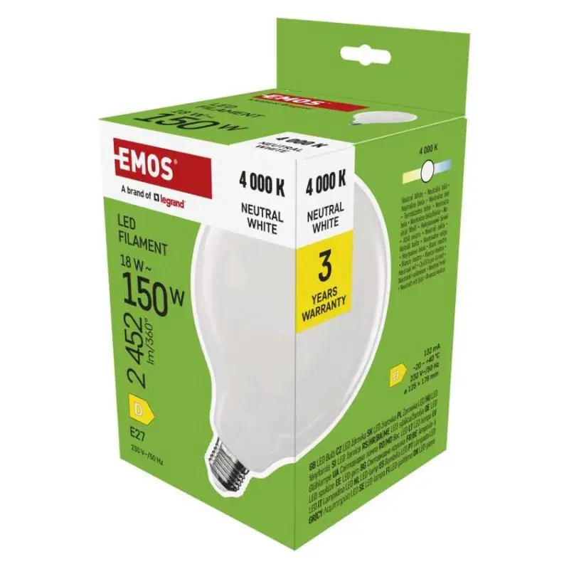 Biztonságos fizetés LED izzó Filament G125 / E27 / 18 W (150 W) / 2452 lm / Természetes fehér