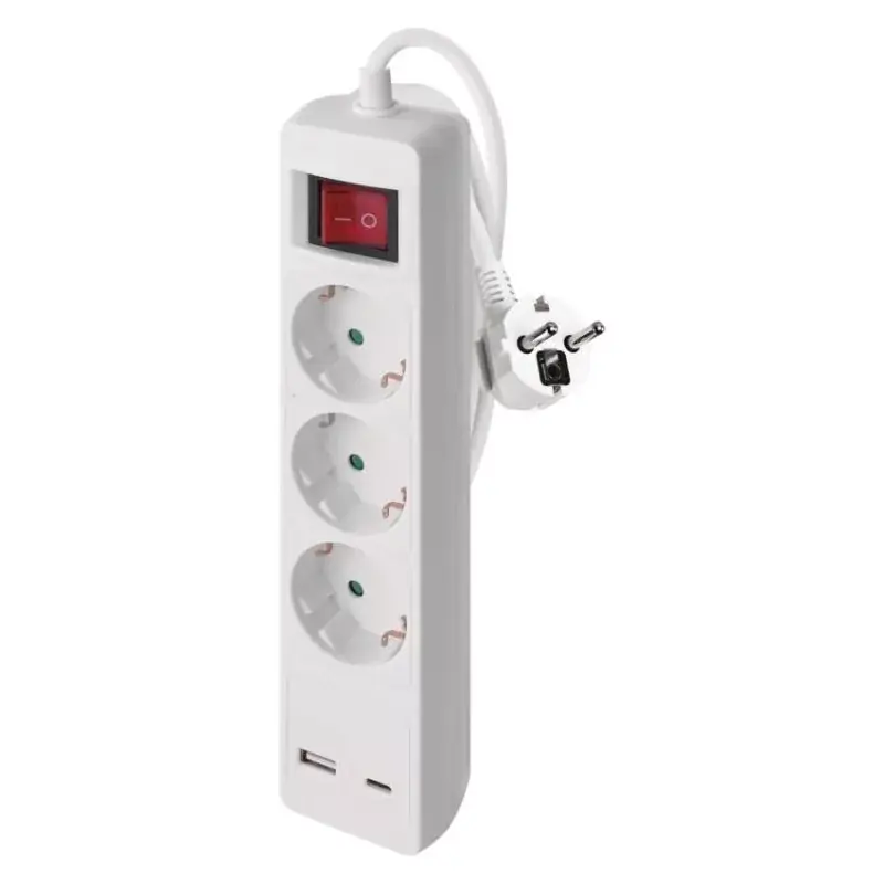 Különleges ajánlat Hosszabbító 2 m / 3 aljzat / kapcsolós / fehér / 1× USB-A + 1× USB-C / 1,5 mm2