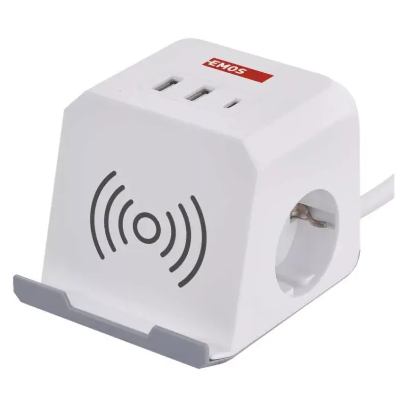 Expressz szállítás Hosszabbító - kocka 2 m / 2 aljzat / fehér / 2×USB-A+1×USB-C+Qi / 1,5 mm2