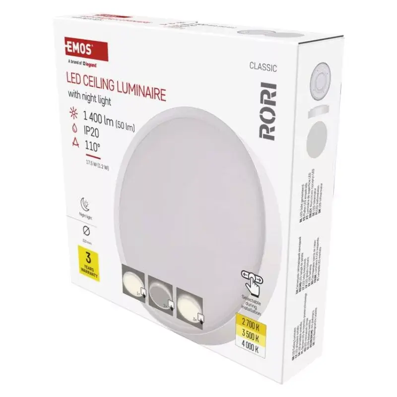 LED felületi lámpatest RORI kerek, fehér, 17W, CCT Biztonságos fizetés