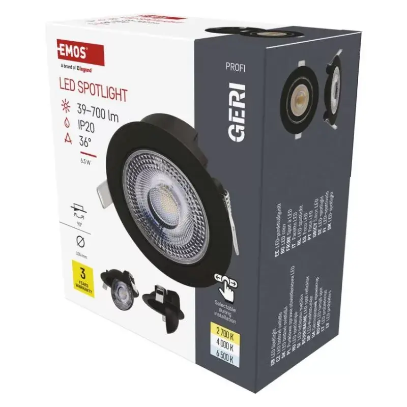 LED reflektor GERI fekete, kerek, 6,5W CCT Végkiárusítás