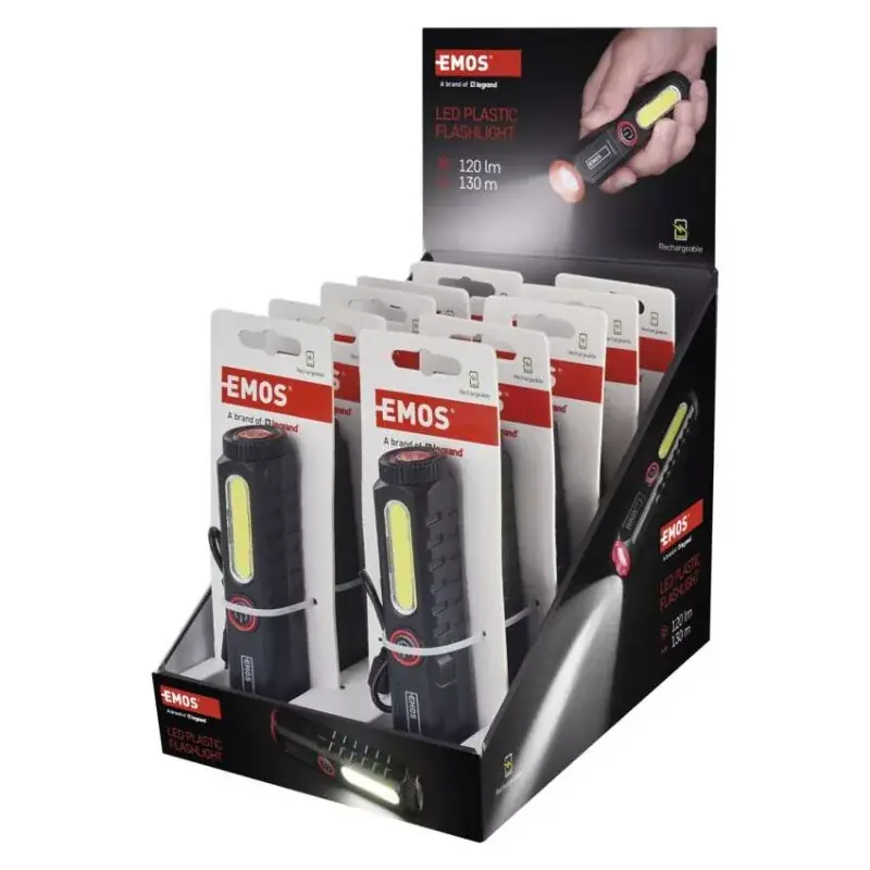 Szezonális akció LED-es újratölthető műanyag zseblámpa P4720, 120 lm, 10 PCS, display box