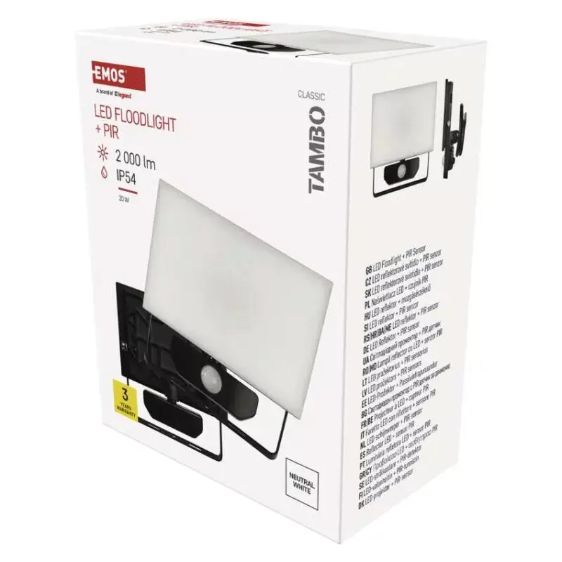 LED-es reflektor TAMBO mozgásérzékelővel, 20 W, 2000 lm, fekete Gyors kiszállítás