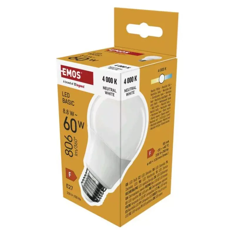 LED izzó Basic A60 / E27 / 8,8 W (60 W) / 806 lm / Természetes fehér Expressz szállítás