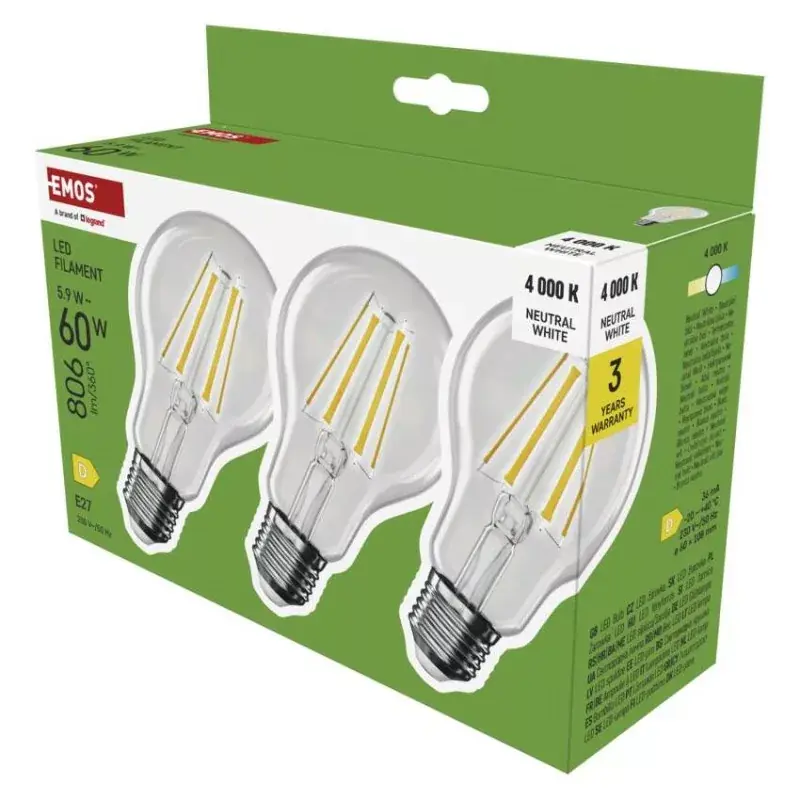 LED izzó Filament A60 / E27 / 5,9 W (60 W) / 806 lm / Természetes fehér Kiárusítás