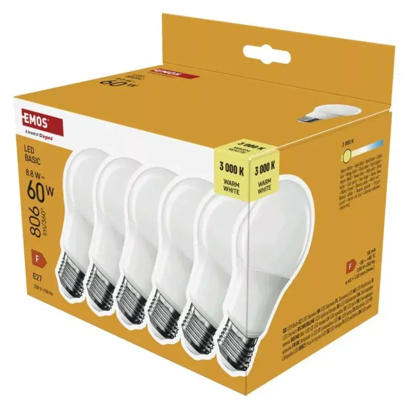 LED izzó Basic A60 / E27 / 8,8 W (60 W) / 806 lm / Meleg fehér Prémium