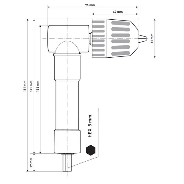 Utolsó esély gyorstokmány, L-alakú, befogás 0,8-10mm, csatlakozás 3/8", 24UNF (sarokfúró adapter)