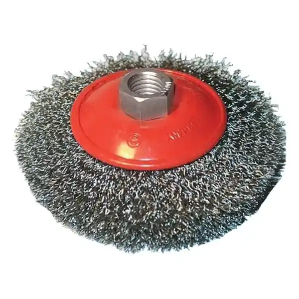 Kedvezmény drótcsiszoló körkefe, kúpos; hullámos szálú ; sarokcsiszolóhoz, M14×2 100mm, ford. 12500