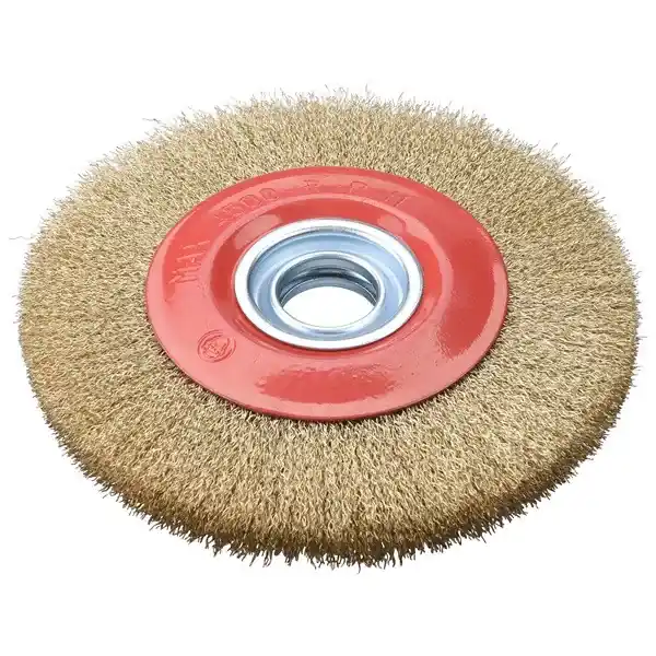 Gyors kiszállítás drótcsiszoló körkefe kettős köszörűre, 150mm, 32mm átm, műa. adapterek, hullámos szálú, rezezett acél