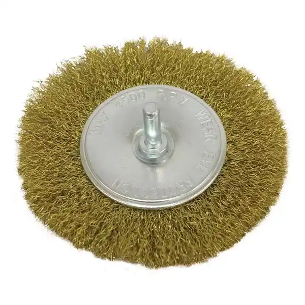 Gyors kiszállítás drótcsiszoló körkefe, 100 mm, fúrógépbe fogható 6mm csap, rezezett acél, max. 4500 ford/perc