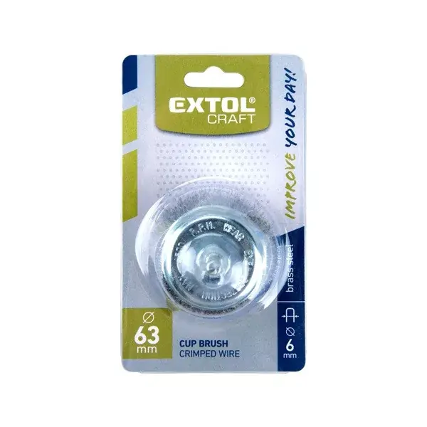 Árcsökkenés drótcsiszoló fazékkefe, csapos; 63mm, O 6mm-es csap, fúróba fogható, hullámos szálú, rezezett acél, max 4500 ford/perc