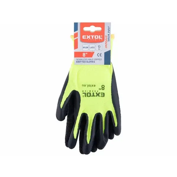 Újdonság kötött kesztyű nylon, varrat nélküli, méret 9‘ latexbe mártott teny. és ujjhegy, gumírozott mandzsetta