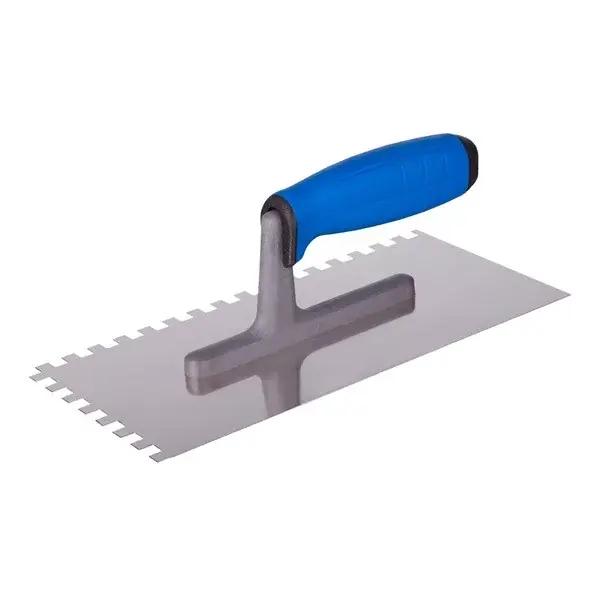 Legkelendőbb glettelőkanál 270×128×90mm rozsdamentes csempéző 8×8mm, SOFT gumi nyél