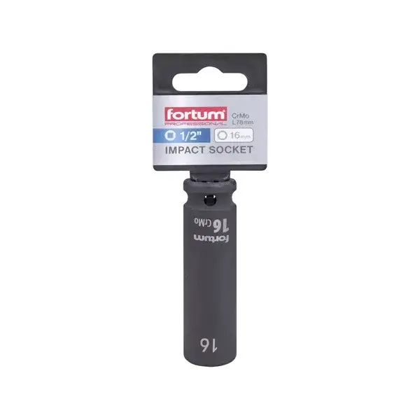 gépi (impakt) dugófej 1/2", 16 mm, L 78 mm, feketített, FORTUM Szezonális akció