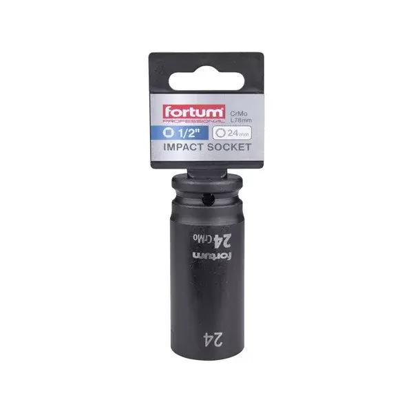 Biztonságos vásárlás gépi (impakt) dugófej 1/2", 24 mm, L 78 mm, feketített, FORTUM