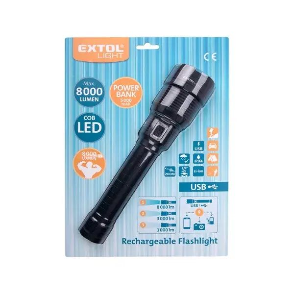 Biztonságos vásárlás LED lámpa, 60 W COB LED; 8000 Lm, ALU ház, zoom, USB újratölthető Li-ion akkus, 5000 mAh, Power Bank funkció