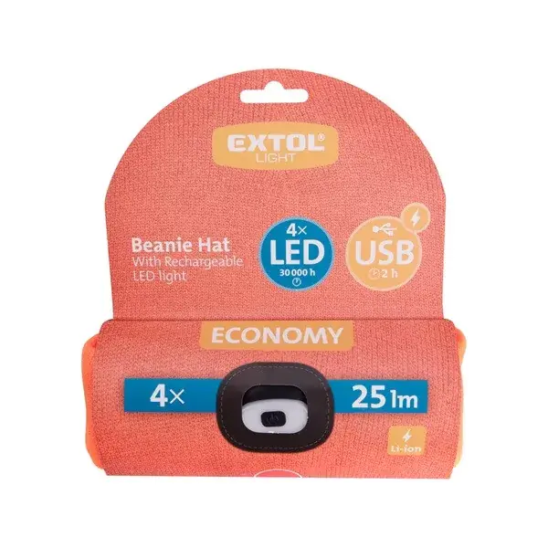 Akciós ár sapka, neon-narancs, kötött, kivehető LED homloklámpával, 4×25 Lumen; USB tölthető Li-ion akku, 3funkció (100%-75%-50%)
