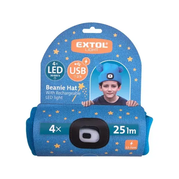 Csak ma sapka, gyerek, kék, kötött, kivehető LED homloklámpával, 4×25 Lumen; USB tölthető Li-ion, 3funkció (100%-75%-50%)