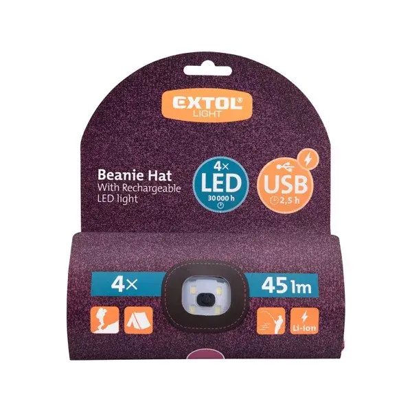 sapka, lila/fekete, kötött, kivehető LED homloklámpával, 4×45 Lumen; USB tölthető Li-ion, 3funkció (100%-75%-50%) Szezonális akció