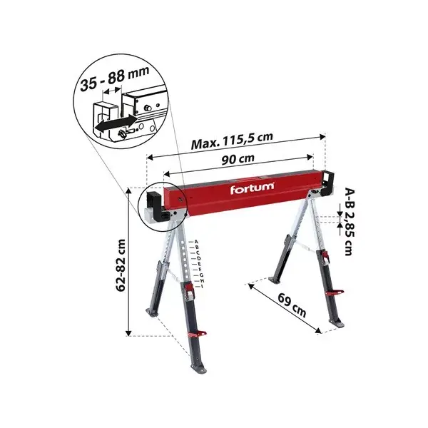Biztonságos fizetés asztalosbak/fűrészbak állítható, összecsukható; 615 - 820 mm, max. terhelés 590 kg, saját tömeg 13 kg