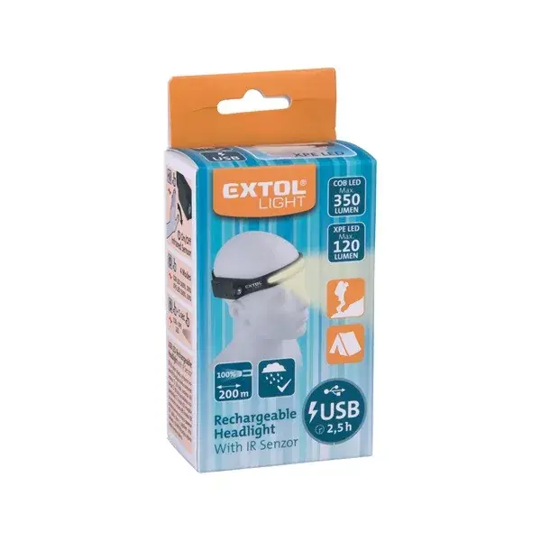 LED fejlámpa,COB+ XPE, 350 Lumen; IR szenzor, tölthető akkuval, 4+1 funkció Expressz szállítás