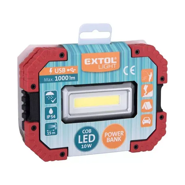 Kedvezmény hordozható LED lámpa (reflektor), 10W; 1000 Lm, IP54, Li-ion akkus, 4400 mAh, USB tölthető, Power Bank funkcióva 0,36 kg