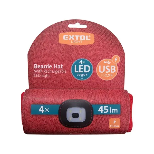 Árengedmény sapka, piros, kötött, kivehető LED homloklámpával, 4×45 Lumen; USB tölthető Li-ion, 3funkció (100%-75%-50% fénye.)
