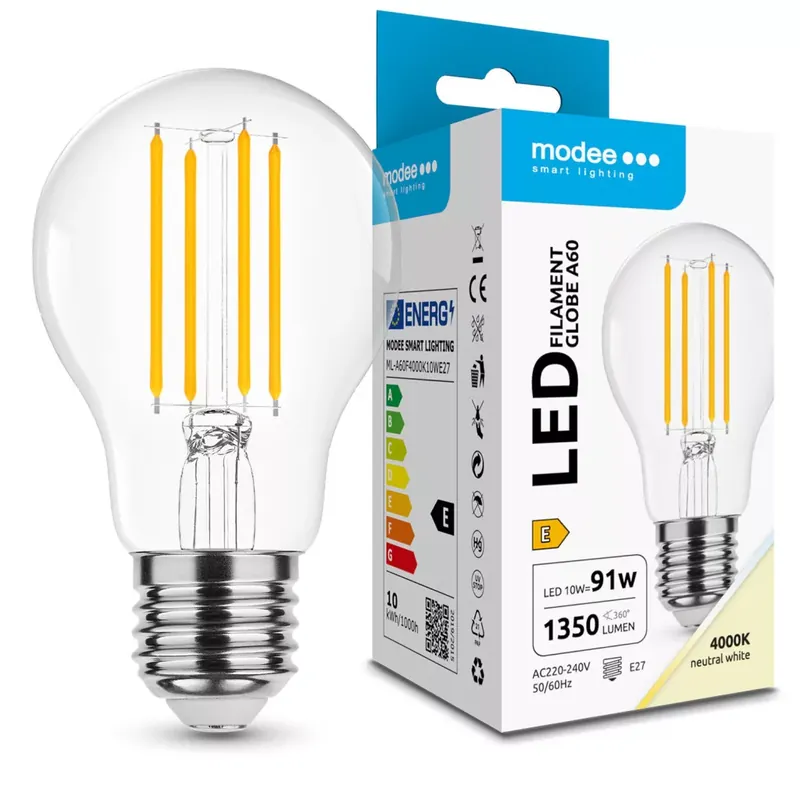 Modee LED Izzó Filament A60 10W E27 360° 4000K (1350 lumen) ERP Azonnal elérhető