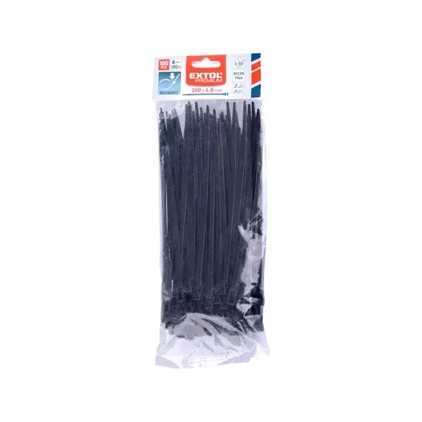 kábelkötegelő 4,8×200mm 100db, többször használható (oldható) fekete nylon; UV-, sav- és lúgálló Korlátozott ajánlat