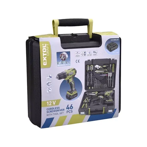 Vedd meg online akkus fúrócsavarozó, 12V, Li-ion, szénkefe mentes, 1db 2000 mAh akku + 46 db szerszámkészlet