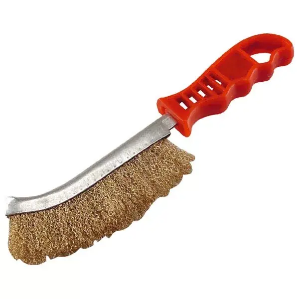 Alacsony ár drótkefe hajlított, műanyag nyél; rezezett, 24cm, 30mm szálhossz